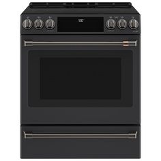 a black stove with two burners and one oven door open, on a white background