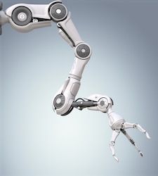 a robot that is reaching up into the air to touch another robot's arm