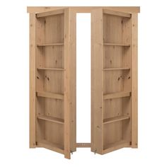 an open wooden bookcase with shelves on each side and two doors at the top