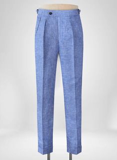 Ooze an effortless, cool style with our standout Italian Nile Blue Linen Highland Trousers. Crafted from pure linen, the versatile linen pants in blue are ideal for making an elegant impression at formal occasions.   
 
 Look Includes   Italian Nile Blue     Linen  Fabric  Cross Pocket  Forward 2 Pleats  Side Tabs (No Loops)- Arrow Shape  Bottom Cuff (1.5")  Two Welted Back Pockets on Trousers   You can change the look during customization if required. 
 
 Lining: Viscose, Dry Clean. Formal Linen Pants With Straight Hem, Elegant Tapered Leg Linen Pants, Semi-formal Straight Leg Linen Pants, Formal Wide Leg Linen Pants, Elegant Linen Pants With Straight Hem, Elegant Straight Pants In Flax Color, Blue Semi-formal Bottoms For Spring, Spring Semi-formal Blue Bottoms, Tailored Linen Dress Pants With Pockets