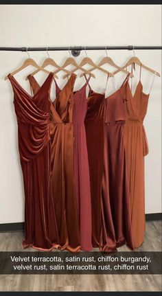 four dresses hanging up on a rack in front of a wall with the caption velvet tassels, satin not chiffon