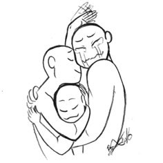 a drawing of two people hugging each other with one holding the other's head