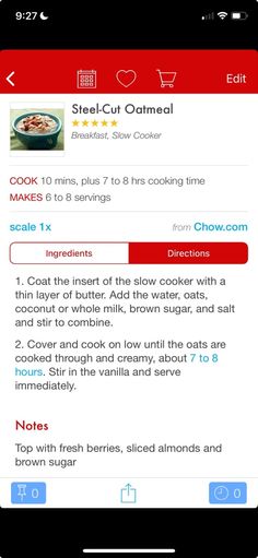 an iphone screen with the recipe section on it, which is highlighted in red and white