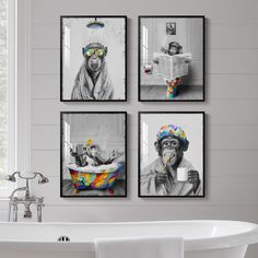 three black and white pictures hanging on the wall above a bathtub