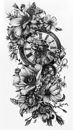 a drawing of a clock surrounded by flowers