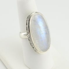 Sterling Silver Moonstone Long Oval Bali Ring Handmade Sterling Silver Rings, Scroll Work, Decorative Beads, Moon Stone, Handmade Sterling Silver, Rainbow Moonstone, Bezel Setting, Sterling Silver Ring, Moonstone