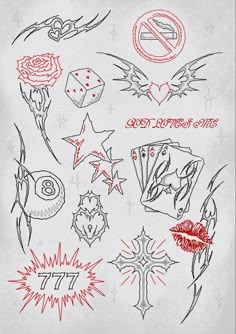 various tattoos drawn on paper with red ink