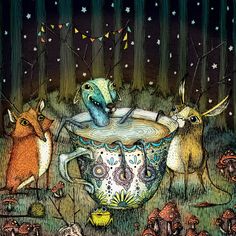 an illustration of three animals in a teacup surrounded by mushrooms and stars on a night sky background