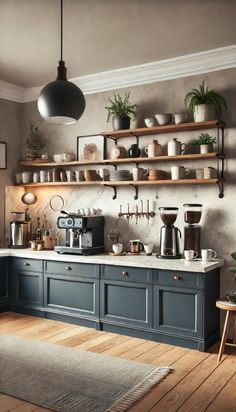 a kitchen with blue cabinets and shelves filled with pots, pans, and coffee makers