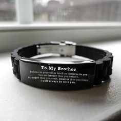 Our Handmade Engraved Stainless-Steel Bracelet transcends style and sentiment and epitomizes thoughtful gifting. Crafted to perfection, this bracelet captures the essence of Brother, making it an exquisite gift choice for all occasions. Message reads: Believe in yourself as much as I believe in you. You are braver than you believe, stronger than seem, smarter than you think I will always be with Personalized Connection: Tailored for Brother, our bracelet carries a message that speaks to the heart. Whether it's Valentine's Day, Father's Day, Thanksgiving, Christmas, birthdays, or anniversaries. this gift is a universal symbol of your love and appreciation. Artisanal Masterpiece: Immerse yourself in handcrafted perfection. Meticulously designed by skilled artisans, this bracelet showcases in Gifts Brother, Christmas Gifts For Brother, Brother Brother, Brother Gifts, Bracelet Inspiration, Birthday Bracelet, Brother Birthday, Bracelet Christmas, Clasp Bracelet