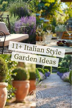 an outdoor garden with potted plants and wine glasses on the table in front of it