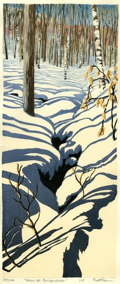 a painting of trees and snow in the woods with shadows from them on the ground