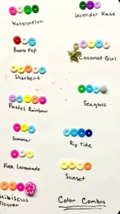 a white board with buttons on it and words written in different colors, shapes and sizes