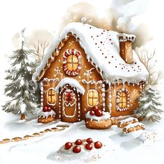 a painting of a gingerbread house in the snow