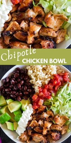 chicken bowl with black beans, lettuce and avocado on the side