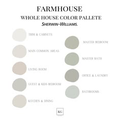 the color scheme for farmhouse house, which includes gray and white paint colors with different names