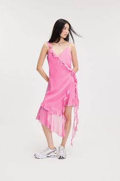 Asymmetric Ruffled Wrap Dress - Pink - Monki Flirty Spring Slip Dress With Ruffles, Flirty Slip Dress With Ruffles For Spring, Flirty Ruffled Slip Dress For Spring, Flirty Ruffled Slip Dress For Summer, Flirty Sleeveless Wrap Dress For Spring, Sleeveless Ruffled Slip Dress For Brunch, Sleeveless Slip Dress With Ruffles For Brunch, Pink V-neck Wrap Dress With Ruffles, Spring Sleeveless Wrap Dress With Straps