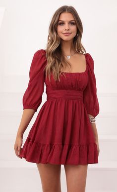 Ruffle Dress in Burgundy | LUCY IN THE SKY Red Long Sleeve Mini Dress, Lucy In The Sky, Grad Dresses, Hoco Dresses, Dresses For Teens, Outfit Casual, Dance Dresses, Long Sleeve Mini Dress, Sweet 16