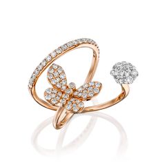 This beautiful butterfly shape diamond ring is a unique peace you do not see every day. 18k butterfly rose gold ring combined with natural diamonds creating a shape of a beautiful butterfly with a white gold diamond flower in a unique setting, creating a look of one big diamond. ♥ I use only high quality clean, sparkling natural diamonds ( H - VS ) ♥ This ring is set with 68 natural diamonds ( total carat of 0.97 ) ♥ The ring is made with great care from 18K rose gold total weight 4.75 ( any gol Elegant Round Butterfly Ring With Cubic Zirconia, Elegant Butterfly Ring With Vvs Clarity Cubic Zirconia, Elegant Butterfly Diamond Ring For Gift, Elegant Cubic Zirconia Butterfly Ring, Elegant Butterfly Ring In Diamond White Cubic Zirconia, Elegant Diamond White Butterfly Ring With Cubic Zirconia, Elegant Diamond White Butterfly Ring In Cubic Zirconia, Luxury Diamond Butterfly Ring, Elegant Butterfly Ring With Diamond Accents