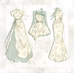 three dresses are shown in different styles and colors