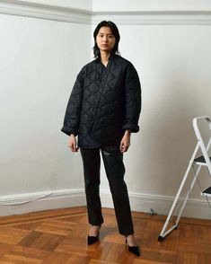 "Vintage black quilted liner jacket. Oversized, boxy fit. Open front. Open underarms. Fabric: 100% Nylon Batting: 100% Polyester Small, Women's S/M, Men's XS/S Bust: 46\" Sleeve: 22.5\" Length: 28\" Medium, Women's M/L, Men's S/M Bust: 50\" Sleeve: 23\" Length: 29\" Large, Women's L/XL, Men's M/L Bust: 54\" Sleeve: 23\" Length: 30\" *Please note: this style runs large, so we recommend sizing down if you're in between sizes. Excellent condition." Oversized Black Quilted Outerwear, Oversized Quilted Puffer Jacket For Streetwear, Quilted Liner Jacket, Liner Jacket, Black Liner, Black Quilt, Vintage Quilts, Quilted Jacket, Front Open