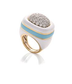 Official | David Webb New York | Cabana Ring, White Enamel, Turquoise White Luxury Enamel Ring For Formal Events, White Enamel Fine Jewelry Ring, Formal White Enamel Rings, Luxury White Gold Enamel Diamond Ring, Luxury White Gold Diamond Enamel Ring, Luxury Blue Diamond Ring With Rose Cut, Blue Luxury Diamond Ring With Rose Cut Diamonds, Luxury Blue Diamond Ring With Single Cut Diamonds, Luxury White Diamond Ring With Pave Setting