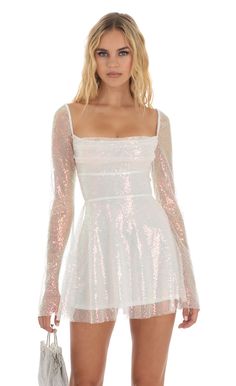 Brooks Iridescent Sequin Flare Dress in White | LUCY IN THE SKY Long Sleeve Sequin Dress, Party Mini Dress, Eras Tour Outfit, Sequin Dresses, Sequin Party Dress, Skater Dresses, Winter Formal, Colorblock Dress, Hoco Dresses