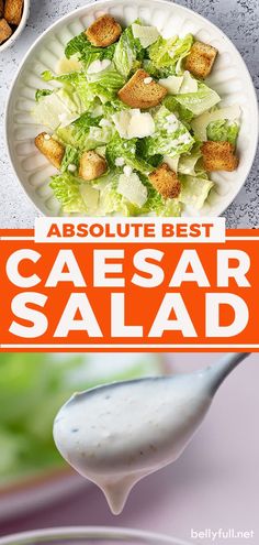 an image of a salad on a plate with the words absolute best caesar salad above it