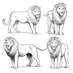 four different lions standing side by side and facing forward, front and back views illustration