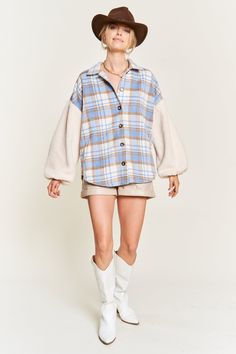 Meet our cozy-chic Multi Plaid Jacket with Fuzzy Sleeves, a blend of timeless plaid patterns, and irresistibly soft textures for your wardrobe must-haves. Stay fashion-forward with the classic multi-plaid wool design, perfect for any season and offering a touch of sophistication. The fuzzy sleeves bring unmatched warmth and playful coziness to your ensemble. With its collared neckline, center button placket, and practical welt pockets, this jacket effortlessly transitions from casual outings to formal events. Embrace style, warmth, and comfort whether it's a workday, a day out, or a cozy evening with friends. Elevate your wardrobe with this versatile fashion statement! Made in: CHINA Materials: 100% Polyester Sleeve: 100% Polyester Plaid Wool Button-up Outerwear, Spring Plaid Flannel Outerwear, Chic Plaid Wool Outerwear, Trendy Flannel Outerwear For Fall, Plaid Wool Outerwear For Spring, Spring Plaid Wool Outerwear, Cozy Flannel Outerwear For Winter, Cozy Flannel Winter Outerwear, Casual Plaid Wool Outerwear