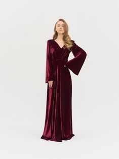 Maxi A-line Velvet Dress Bridesmaid Dresswrap V-neck Front - Etsy A-line Maxi Dress For Fall Dinner, Burgundy A-line Evening Dress For Prom, Holiday Burgundy V-neck Dress, Elegant Burgundy A-line Dress, Elegant A-line Burgundy Dress, Elegant Burgundy Dress For Banquet, Burgundy Holiday Dress For Banquet, Floor-length Evening Dress For Fall Dinner, Elegant Long Sleeve Burgundy Dresses