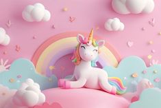 a pink unicorn sitting on top of a cloud filled sky with rainbows and clouds