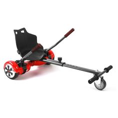 a red and black scooter with two wheels on the front, and one wheel attached to the back