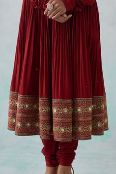 Red anarkali featuring sequin hand embroidered ghera hem with plunge back. Paired with a churidar and an embroidered sheer dupatta. - Aza Fashions Red Anarkali, Churidar, Anarkali, Full Sleeve, Aza Fashion, Custom Made, Hand Embroidered, Hand Embroidery, Types Of Sleeves