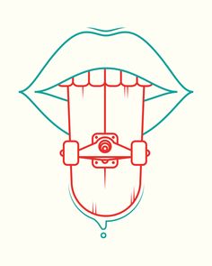 a drawing of a person's mouth with a skateboard attached to the lip