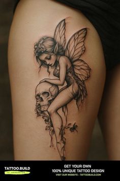 a woman with a tattoo on her thigh holding a skull and sitting on top of it