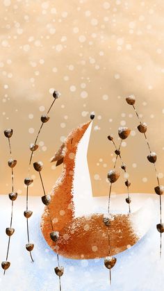 a painting of a fox in the snow with berries on it's tail and nose