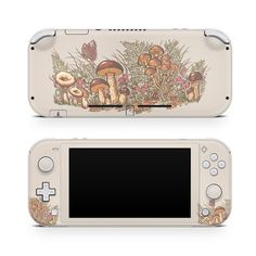 a nintendo wii game system with mushrooms and butterflies on the screen, next to another device