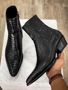 Black Snake Print Ankle Boots, Black Snake Print Boots For Fall, Heels For Men, Python Boots, Black Leather Chelsea Boots, Mens Dress Boots, Gentleman Shoes, Roper Boots, Best Shoes For Men