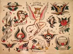 an old school tattoo flash sheet with different tattoos on the front and back of it