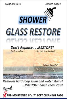 a flyer for shower glass restoration with instructions on how to remove and maintain the surface