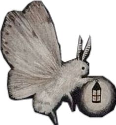 an image of a bird flying with a house ornament on it's back