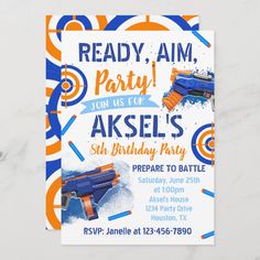 Dart Party Birthday Invitation.
Ready to be personalized with your info! Nerf Party Food, Nerf Birthday Invitations, Nerf Party Invitations, Nerf Birthday Party, Nerf Party, 9th Birthday Parties, 6th Birthday Party, 10th Birthday Parties, 5th Birthday Party