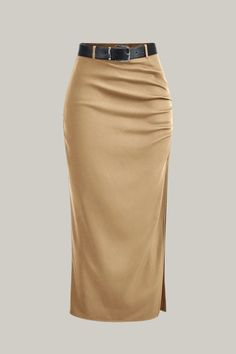 Indulge in sophistication with the Split Thigh Belted Ruched Skirt. This elegant skirt features details such as a belt and ruching, with a split thigh design for added flair. The plain pattern, drop waistline, and long length add to its tasteful and exclusive appeal. Crafted from high-quality woven fabric, this skirt offers a regular fit and is made from 95% polyester and 5% elastane. Both machine wash and professional dry cleaning are suitable for caring for this luxurious piece. Completing the Elegant Draped Bottoms For Workwear, Elegant Ruched Skirt For Night Out, Elegant Ruched Draped Skirt For Night Out, Ruched Skirt Bottoms For Evening, Elegant Ruched Skirt For Formal Occasions, Elegant Draped Lined Skirt, Fitted Draped Bottoms For Work, Chic Formal Ruched Bottoms, Elegant Ruched Skirt For Workwear