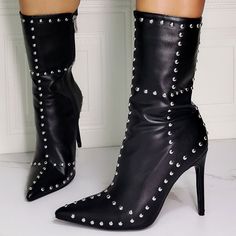 These Sexy Boots Will Have All Eyes On You! The Unique Features Include, A Faux Leather Fabric, Pointy Toe, High Polish Studded Detail, Side Zipper Closure, Mid Calf Shaft, And A Cushioned Foot Bed. Faux Leather 3.5” Approx Punk Style Pointed Toe Platform Boots For Party, Punk Style Platform Boots With Pointed Toe For Party, Pointed Toe Faux Leather Heeled Boots For Club, Fall Club Heels With Pointed Toe, High Heel Boots For Club In Fall, Pointed Toe Fitted Heeled Boots For Club, Punk Fitted Heeled Boots For Winter, Fitted Pointed Toe Heeled Boots For Club, Punk Style Fitted Heeled Boots For Winter