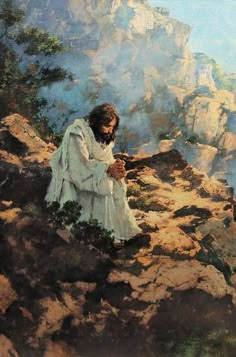 a painting of jesus sitting on top of a mountain