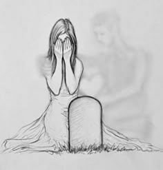 a drawing of a woman covering her face next to a grave