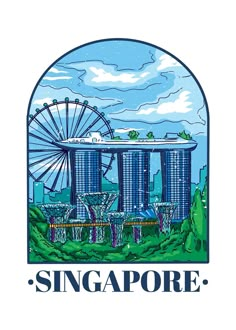 the singapore skyline in blue and white with an image of a ferris wheel behind it