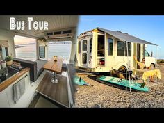 the inside of a bus that is parked on the beach