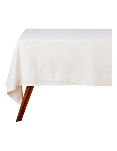 a white table cloth with wooden legs